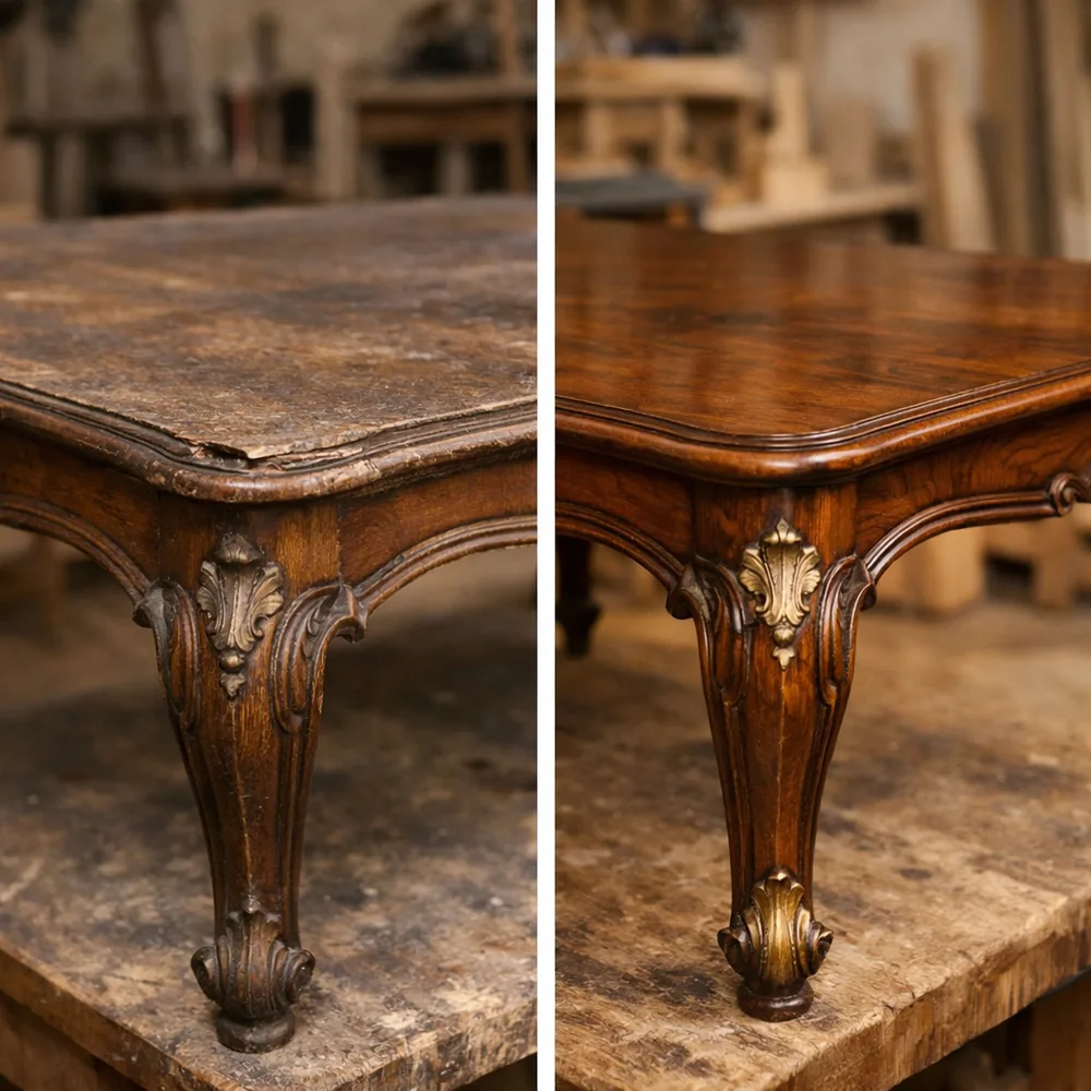Avant / après restauration : table ancienne en noyer ciré