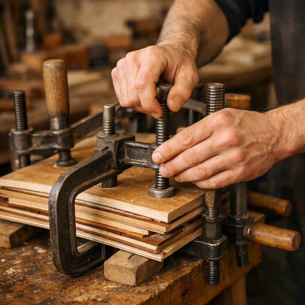 Artisan au travail : serrage d'un placage sous presse