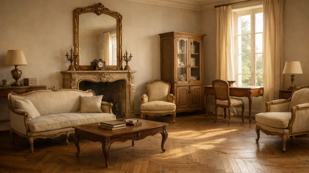 Salon de maison de famille, meubles anciens restaurés, près de Chatou