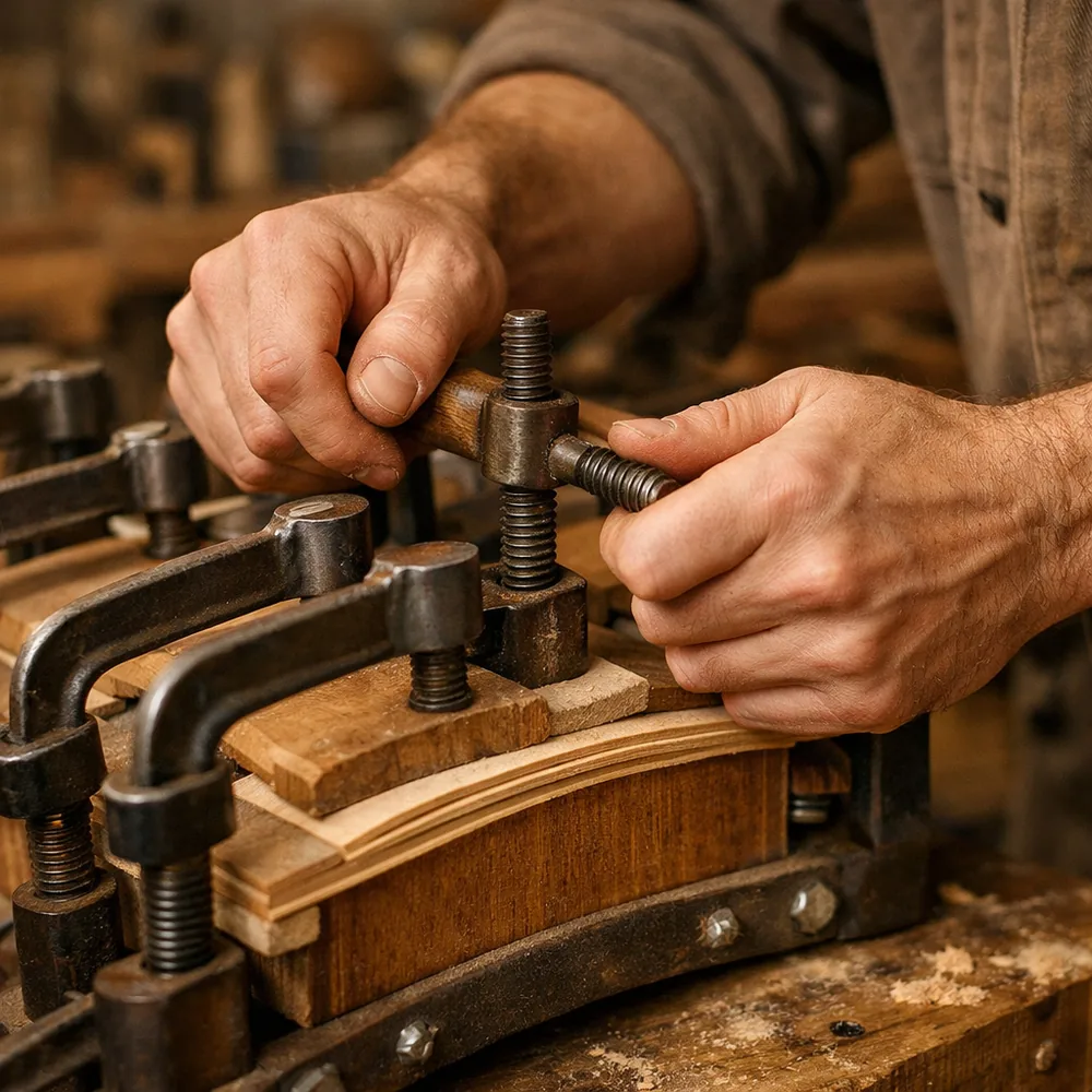 Artisan au travail : serrage d'un placage sous presse