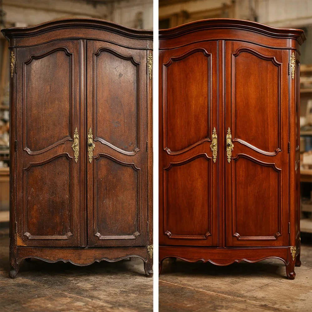 Avant / après restauration : armoire ancienne en merisier mouluré