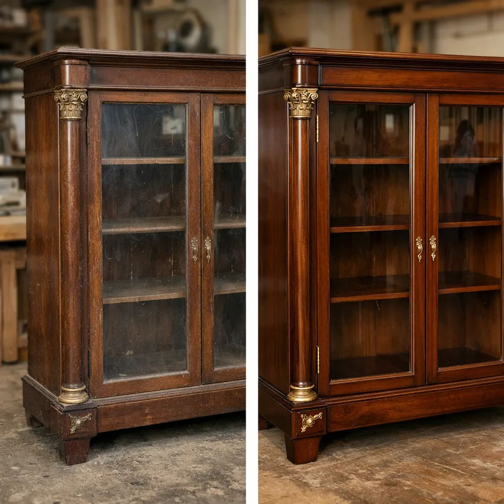 Avant / après restauration : bibliothèque ancienne vitrée en acajou