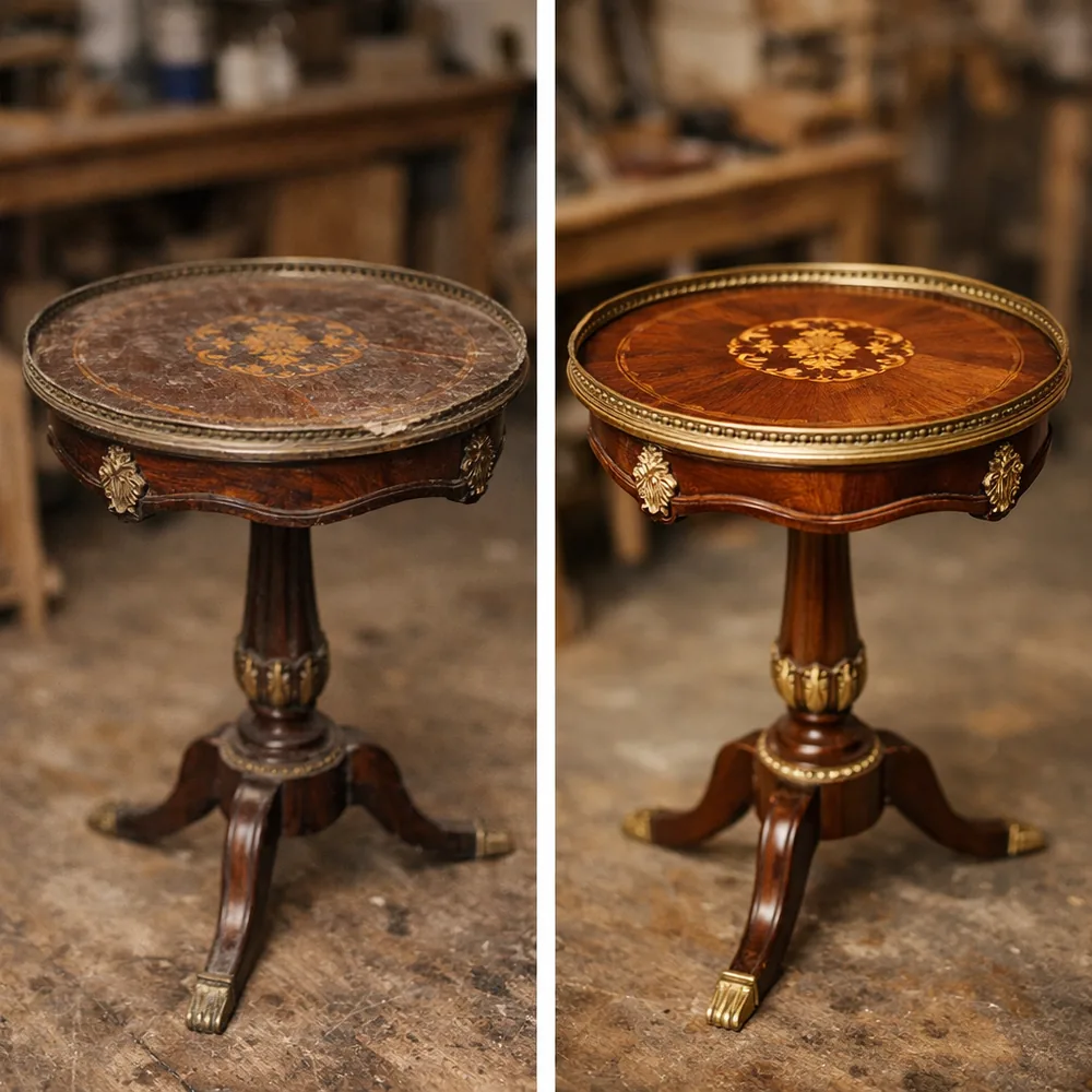 Avant / après restauration : guéridon ancien à plateau de marqueterie