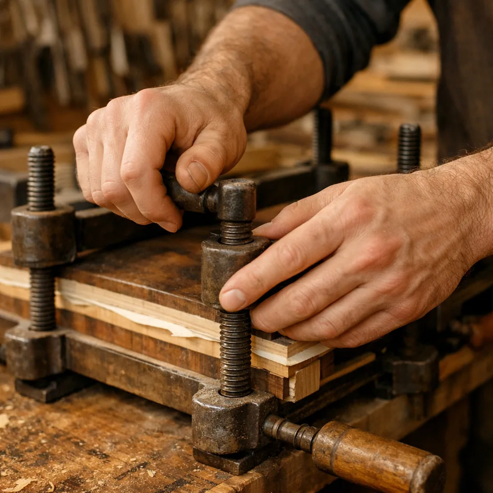 Artisan au travail : serrage d'un placage sous presse