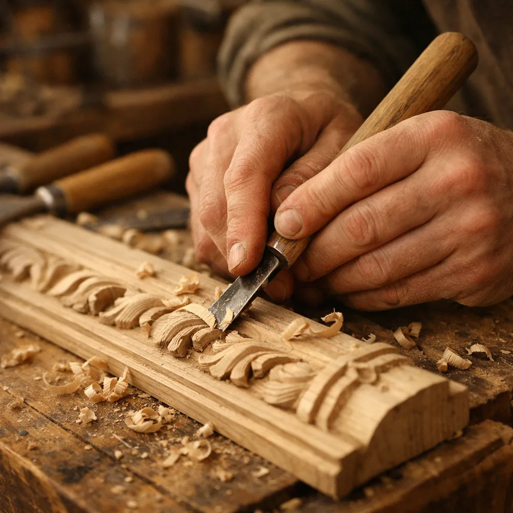 Artisan au travail : sculpture d'une moulure au ciseau à bois
