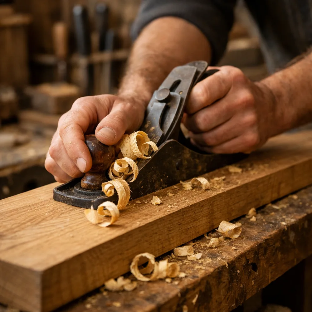 Artisan au travail : rabotage d'une planche de chêne à l'établi