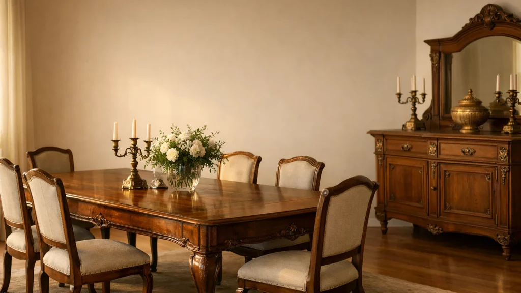 Salle à manger ancienne, table et buffet restaurés, près de Puteaux