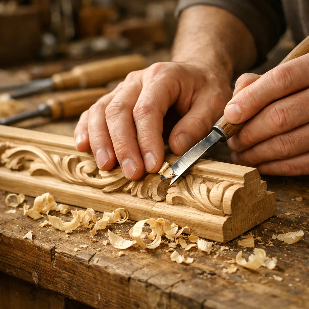 Artisan au travail : sculpture d'une moulure au ciseau à bois