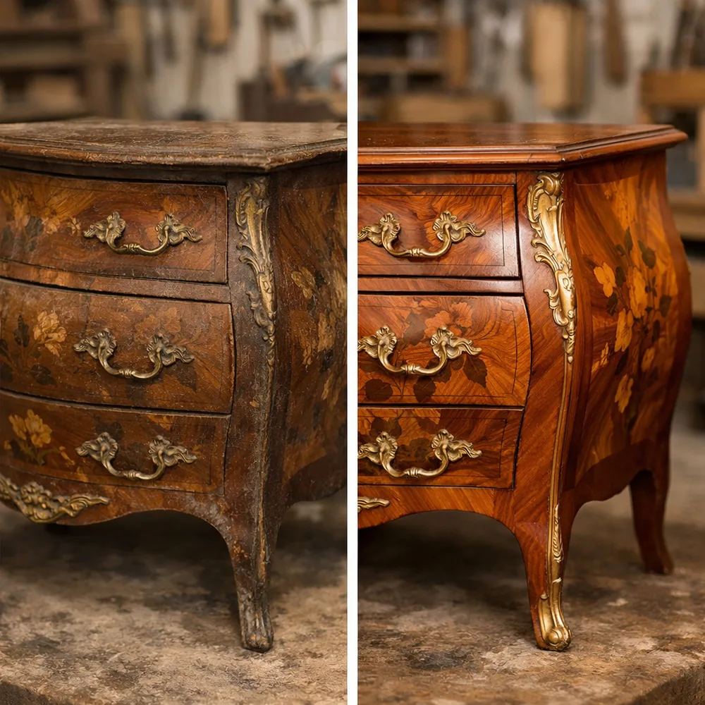 Avant / après restauration : commode Louis XV en marqueterie, bronzes patinés