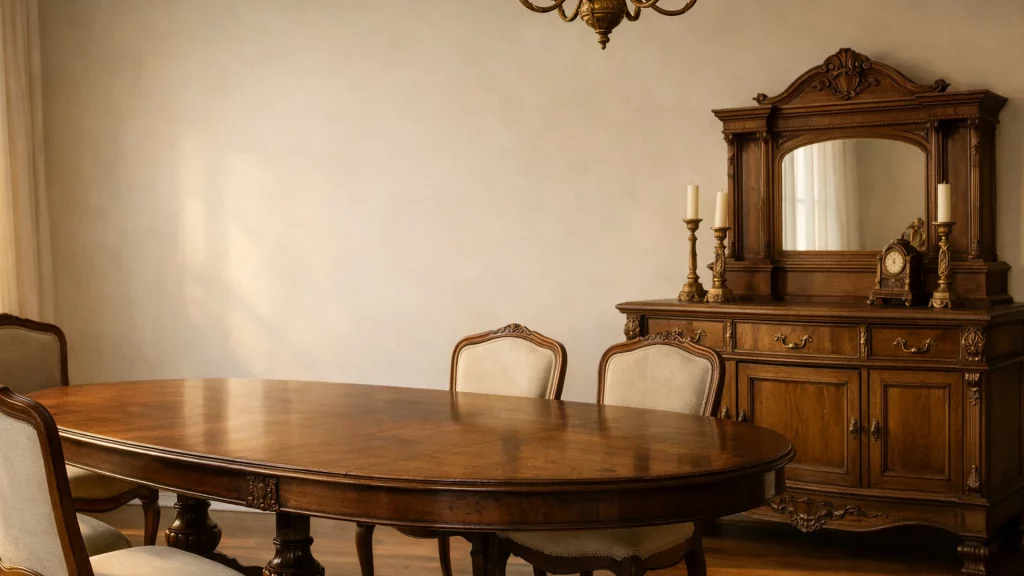Salle à manger ancienne, table et buffet restaurés, près de Saint-Cloud