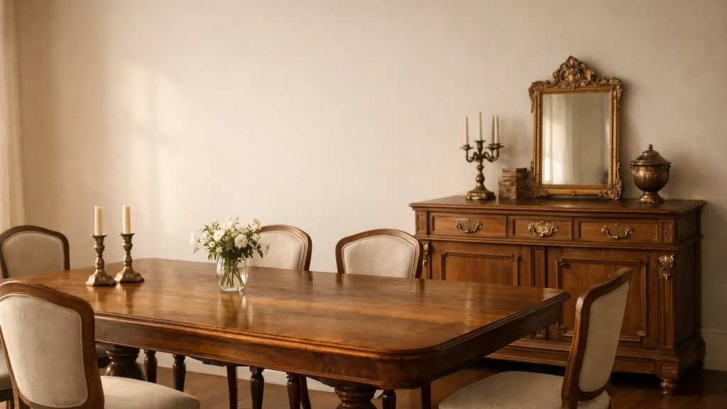 Salle à manger ancienne, table et buffet restaurés, près de Saint-Nom-la-Bretèche