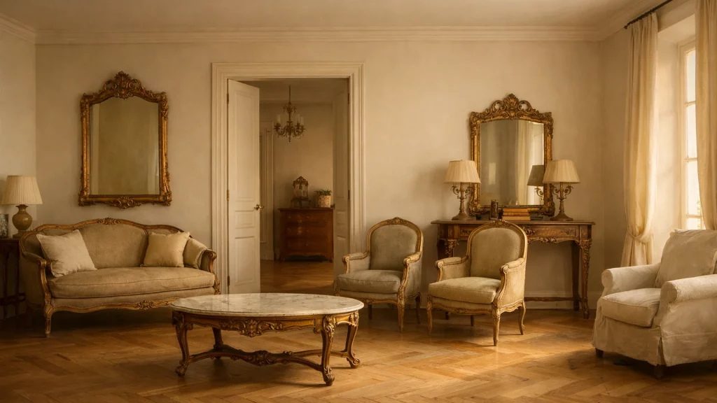 Salon de maison de famille, meubles anciens restaurés, près de Sceaux