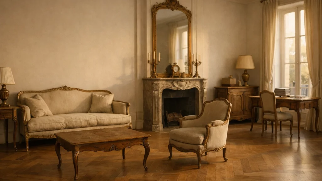 Salon de maison de famille, meubles anciens restaurés, près de Vaucresson