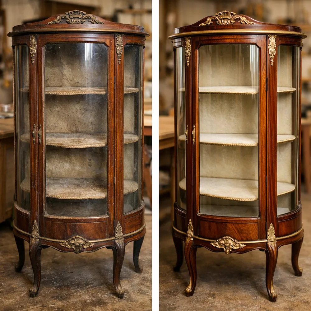 Avant / après restauration : vitrine ancienne galbée en bois de rose