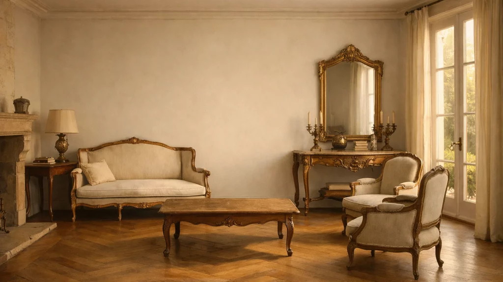 Salon de maison de famille, meubles anciens restaurés, près de Versailles