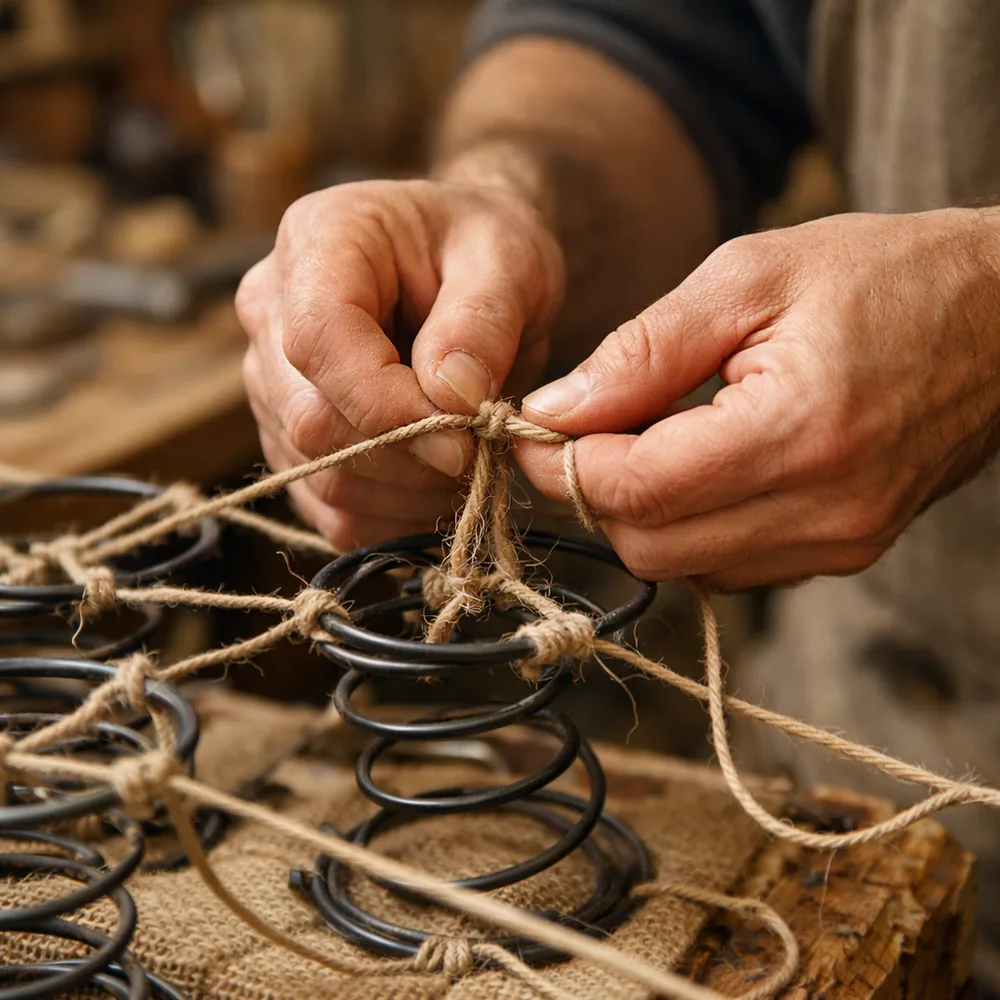 Artisan au travail : nouage des ressorts à la ficelle