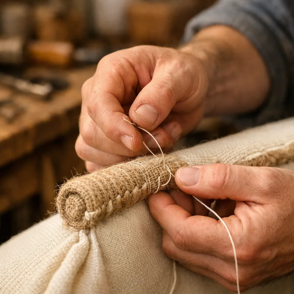 Artisan au travail : couture d'un bourrelet à l'aiguille courbe