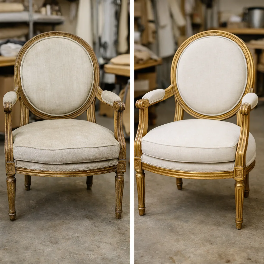 Avant / après restauration : fauteuil médaillon Louis XVI en lin écru
