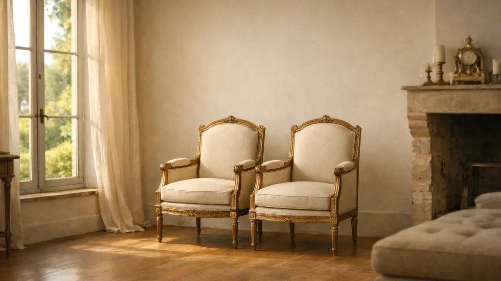 Salon de maison ancienne, paire de fauteuils restaurés, près de Chatou