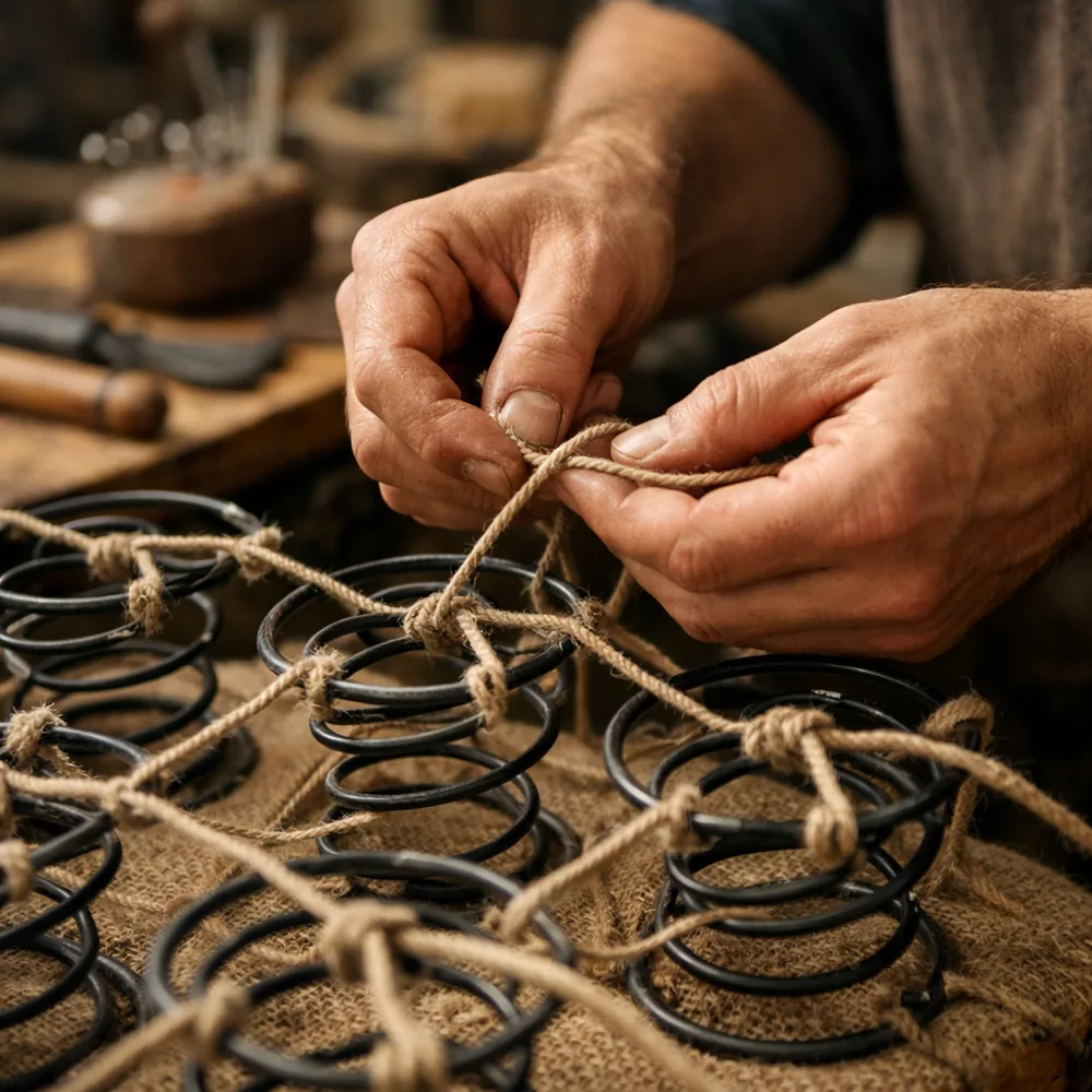 Artisan au travail : nouage des ressorts à la ficelle