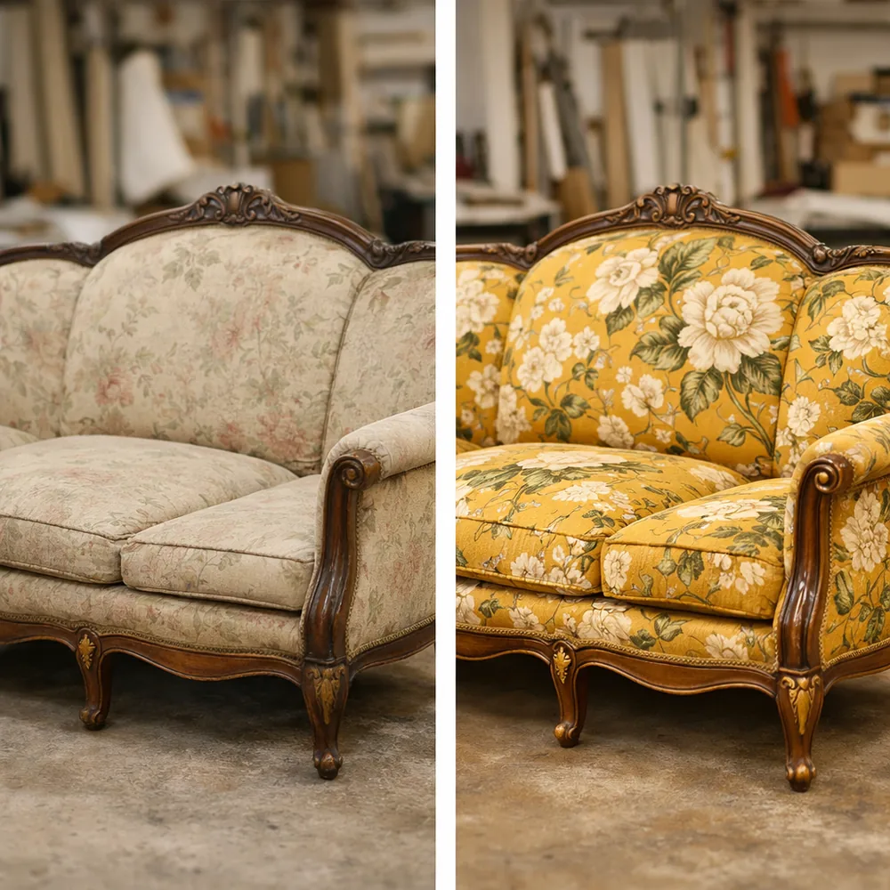 Avant / après restauration : canapé ancien en chintz fleuri jaune doré