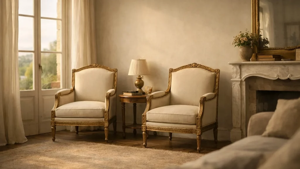 Salon de maison ancienne, paire de fauteuils restaurés, près de Courbevoie