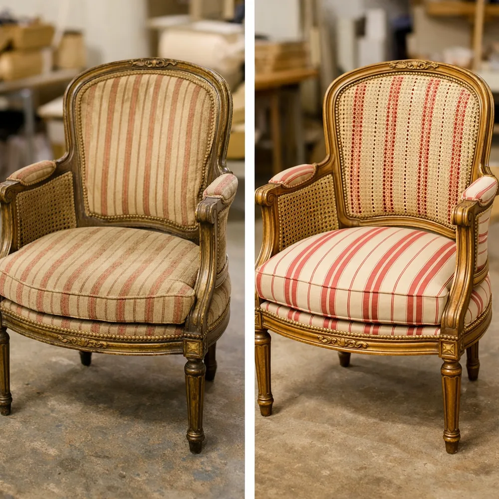 Avant / après restauration : paire de chaises en tissu rayé, dossiers cannés