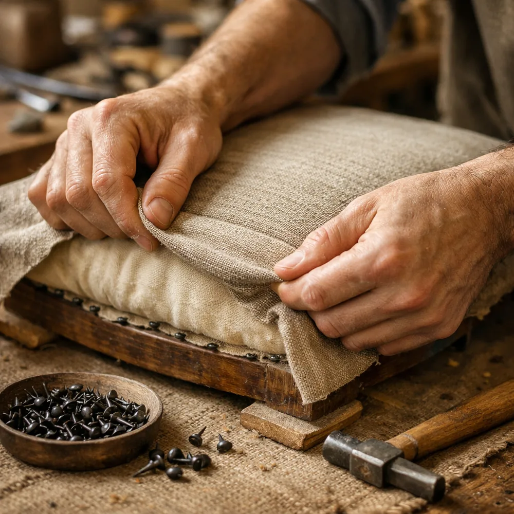 Artisan au travail : tension du tissu neuf sur l'assise