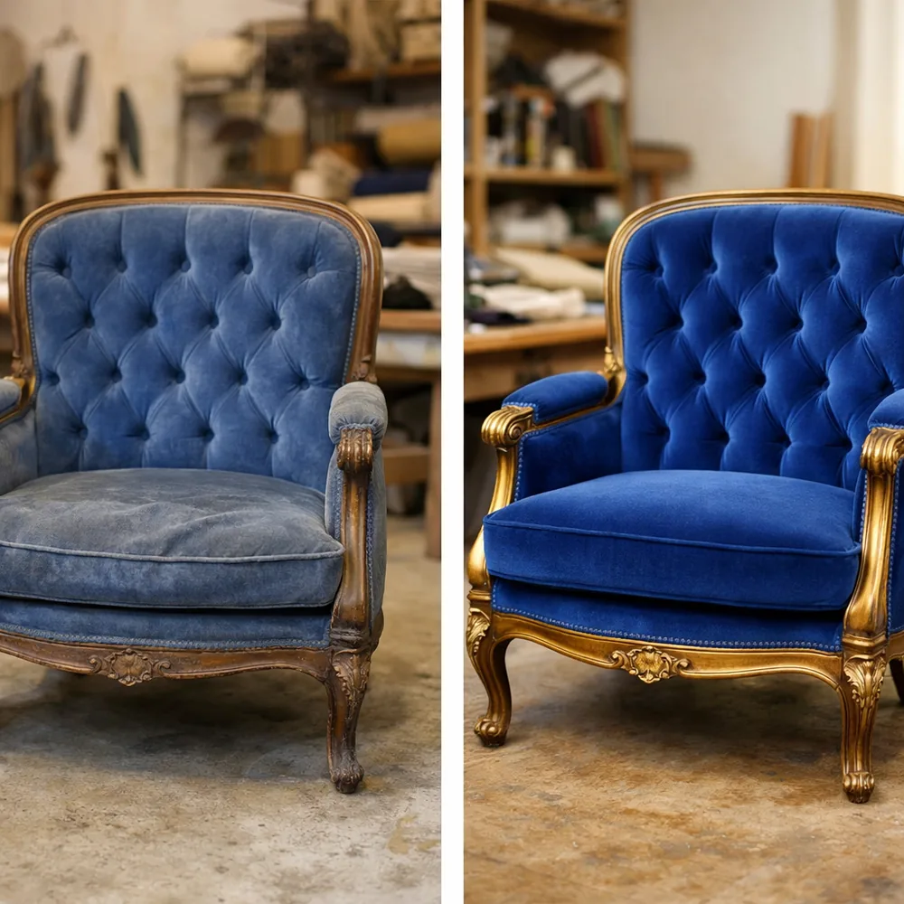 Avant / après restauration : chauffeuse capitonnée en velours bleu roi