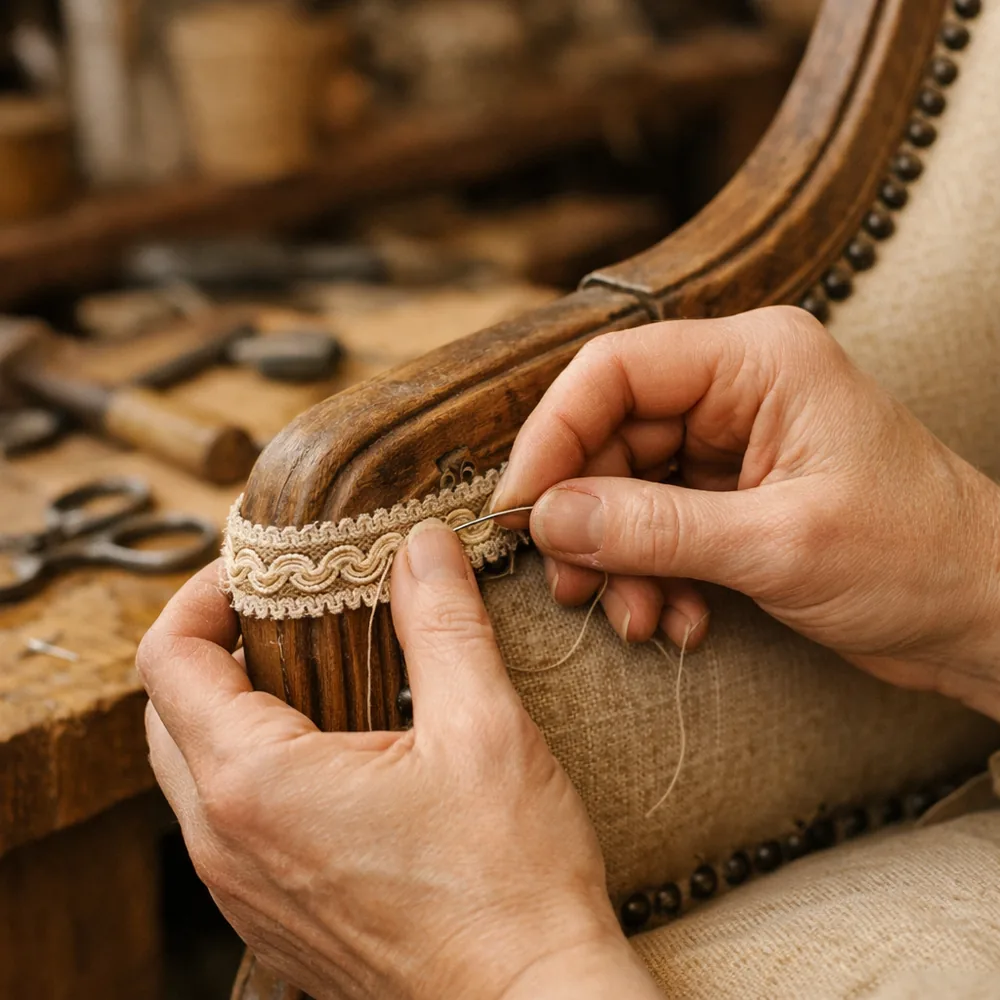 Artisan au travail : pose d'un galon de passementerie