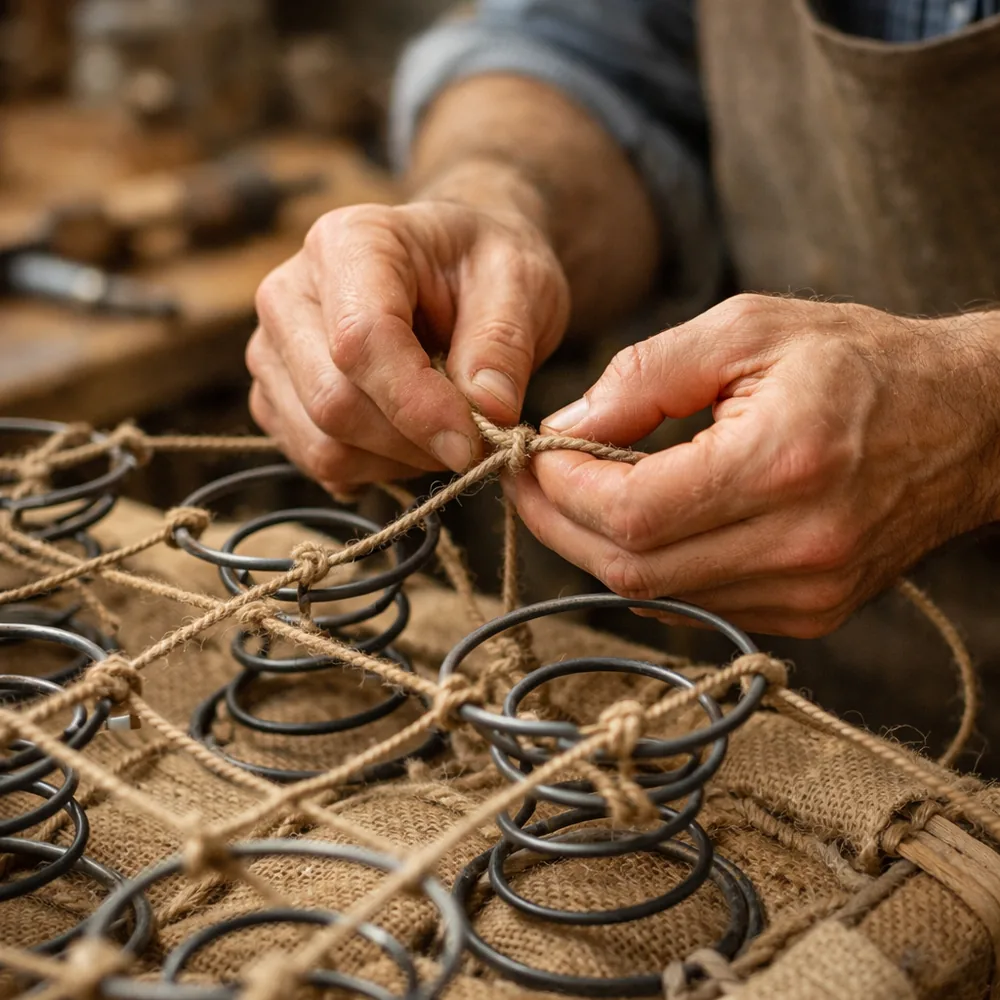 Artisan au travail : nouage des ressorts à la ficelle