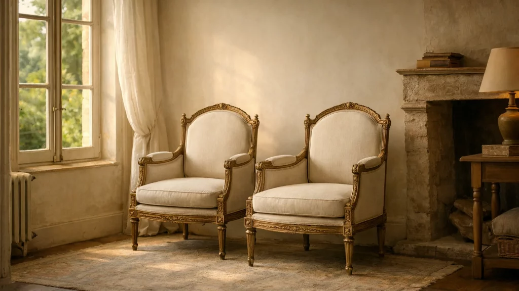 Salon de maison ancienne, paire de fauteuils restaurés, près de Neuilly-sur-Seine