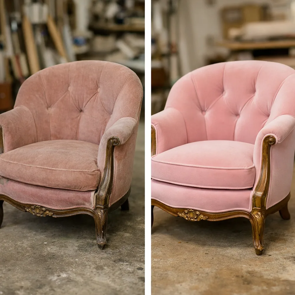 Avant / après restauration : fauteuil crapaud en velours rose poudré