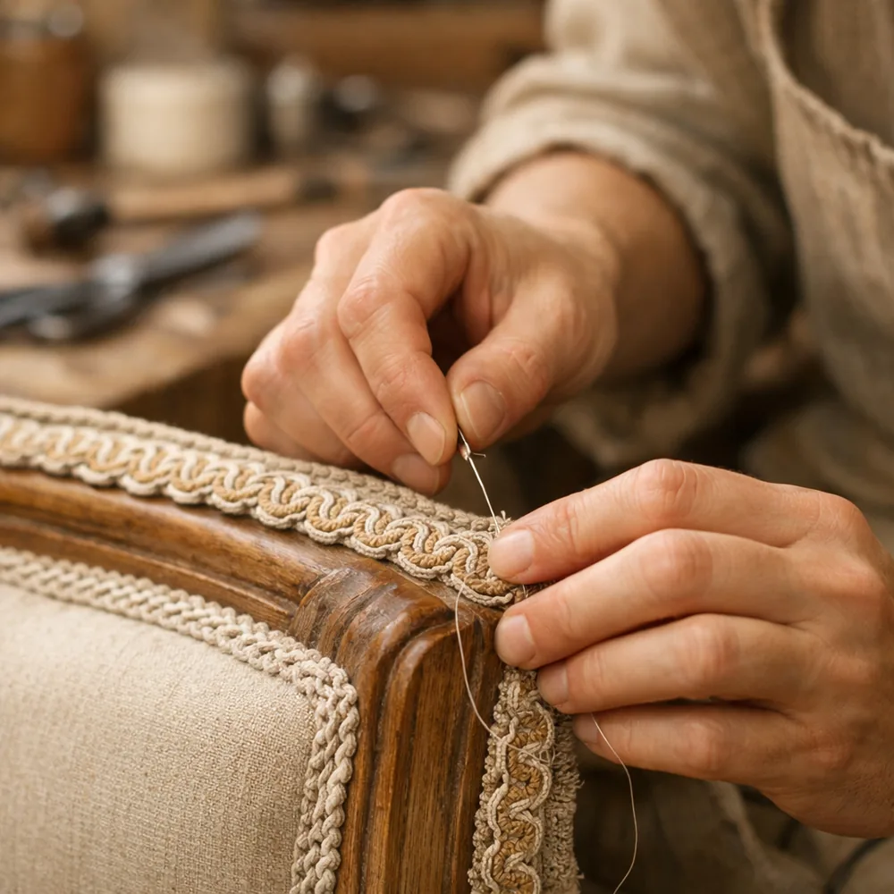 Artisan au travail : pose d'un galon de passementerie