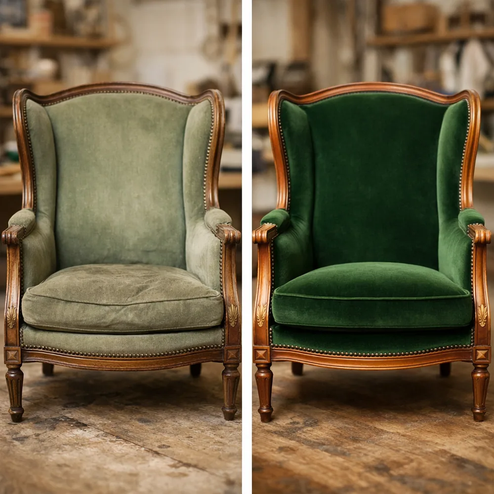 Avant / après restauration : bergère à oreilles en velours vert anglais