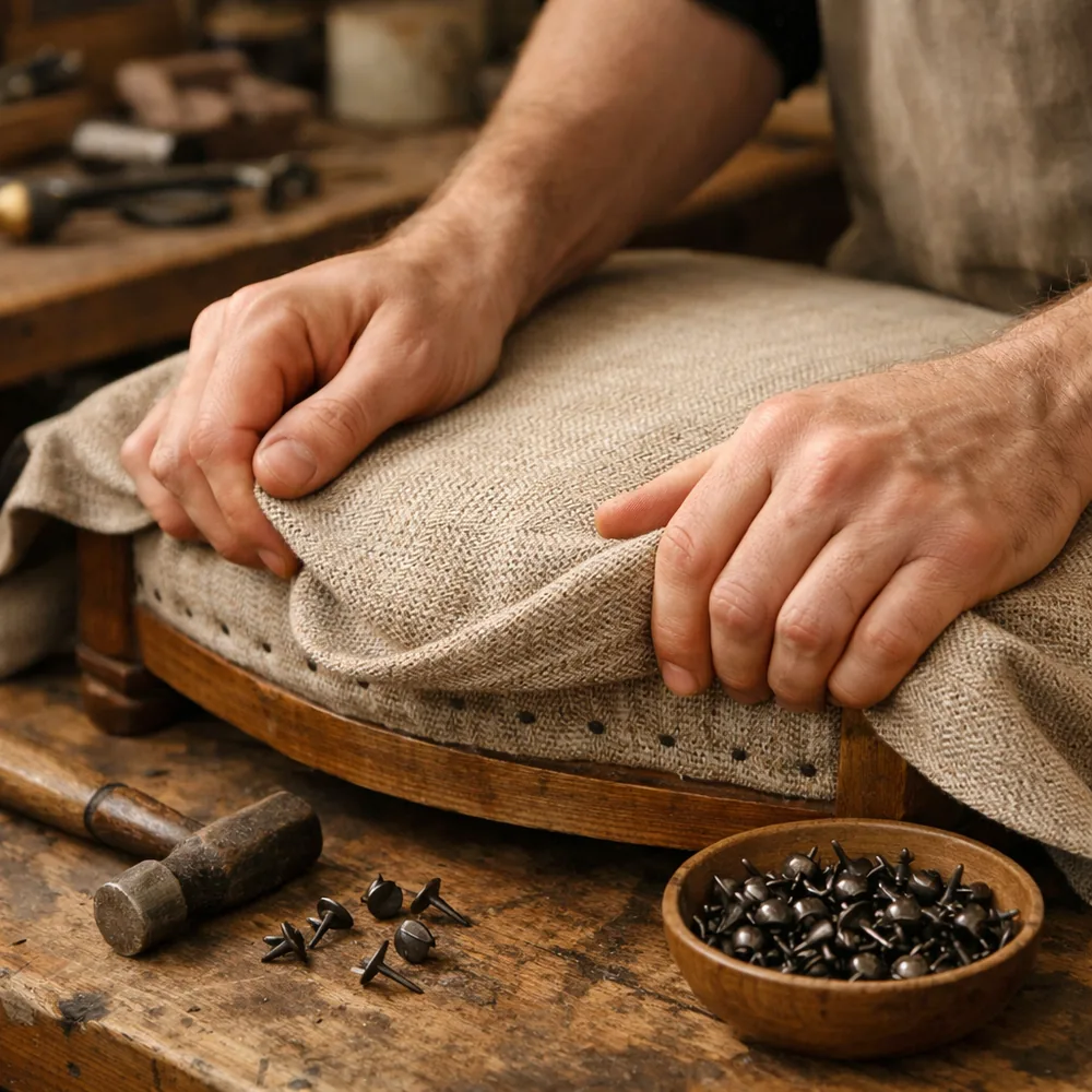Artisan au travail : tension du tissu neuf sur l'assise
