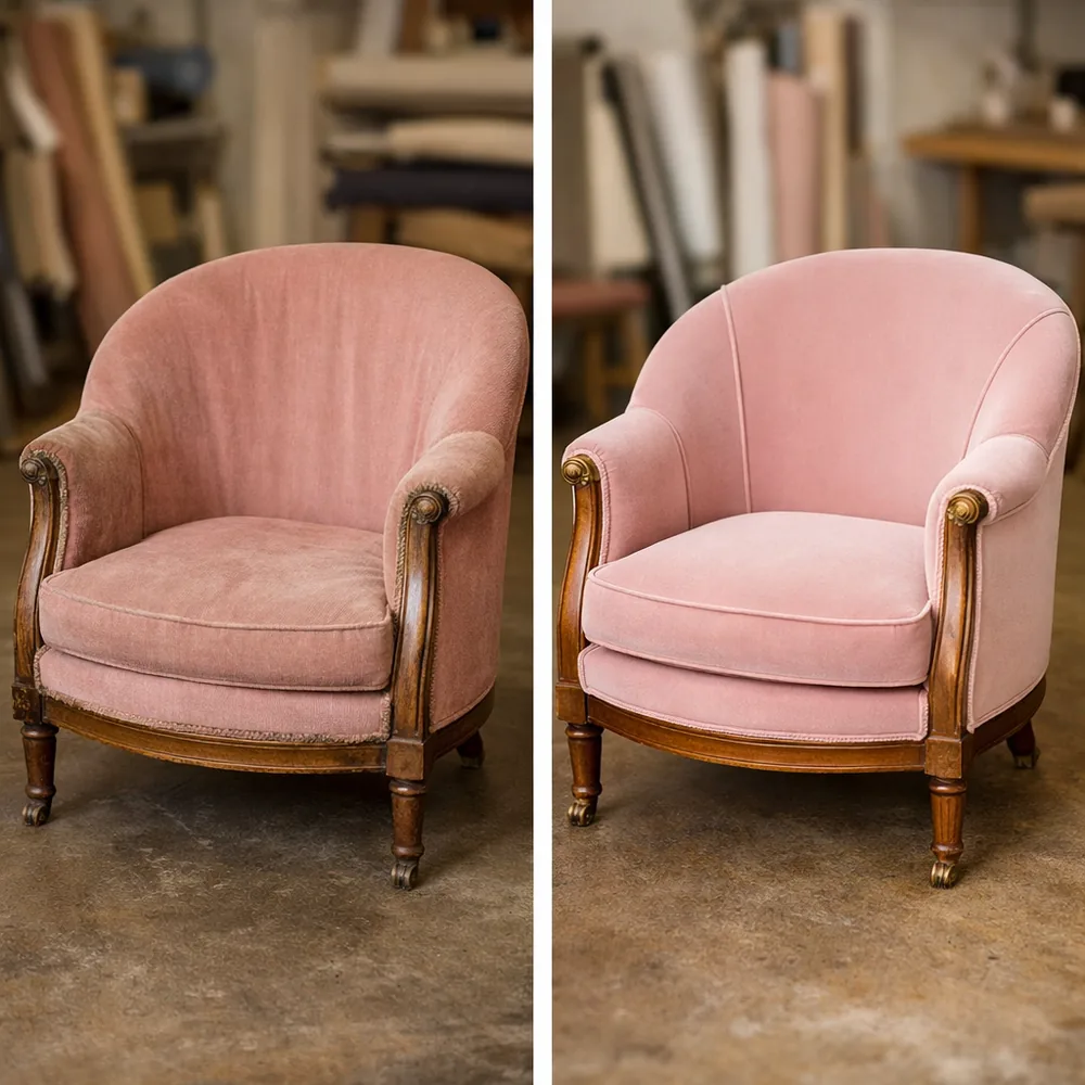 Avant / après restauration : fauteuil crapaud en velours rose poudré