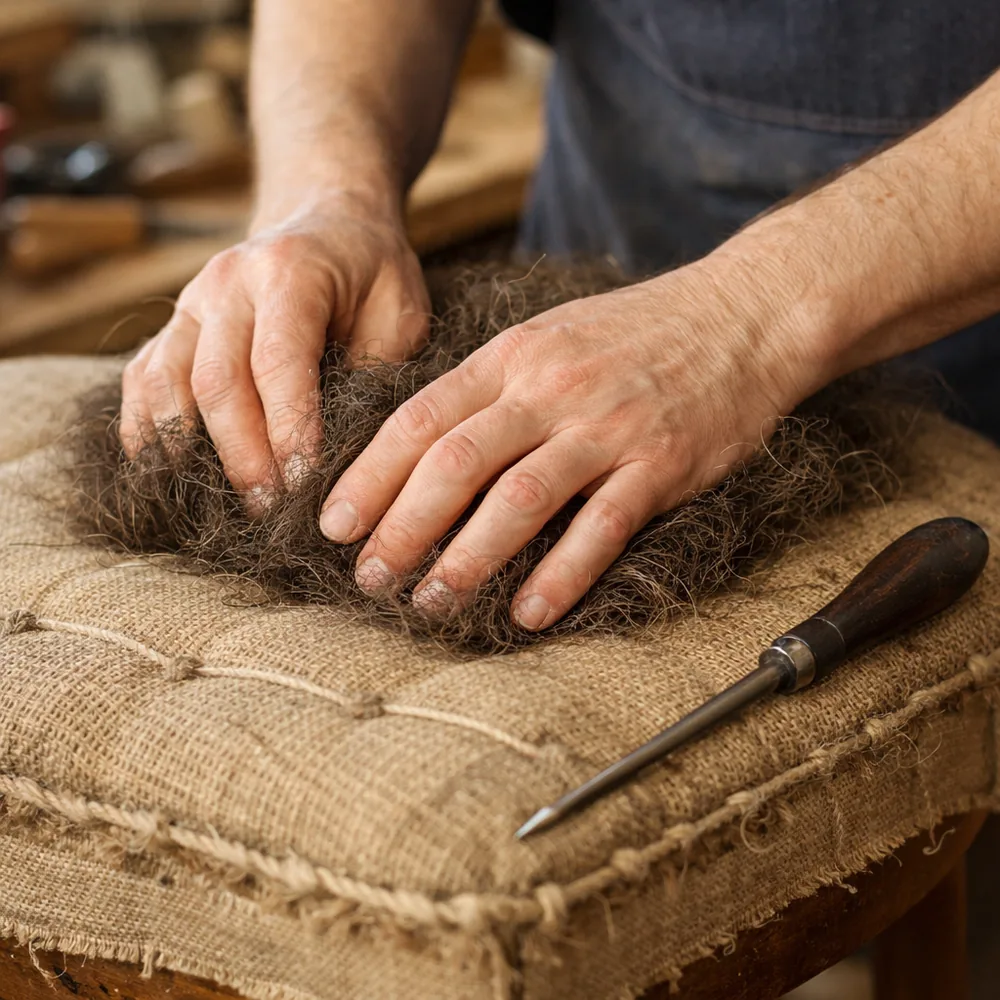 Artisan au travail : garnissage d'une assise au crin