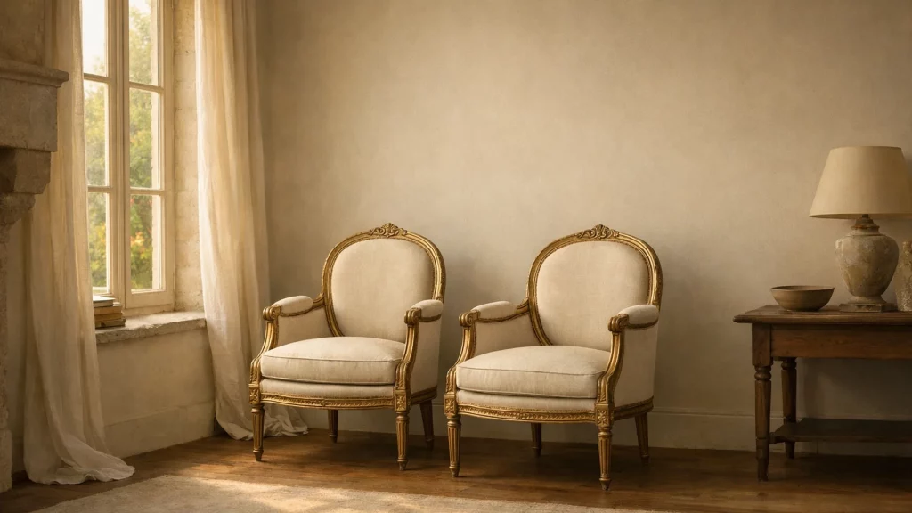 Salon de maison ancienne, paire de fauteuils restaurés, près de Sceaux