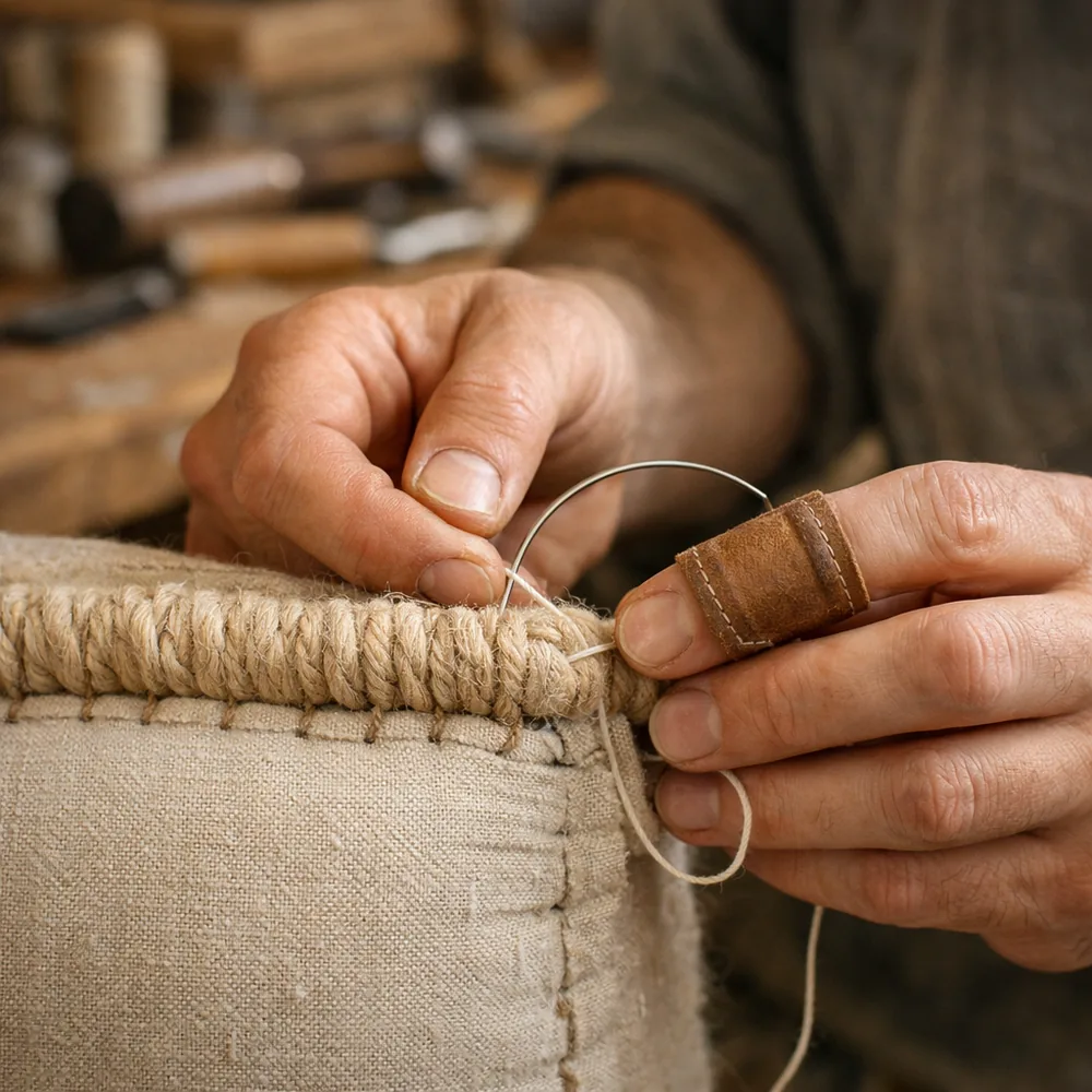 Artisan au travail : couture d'un bourrelet à l'aiguille courbe