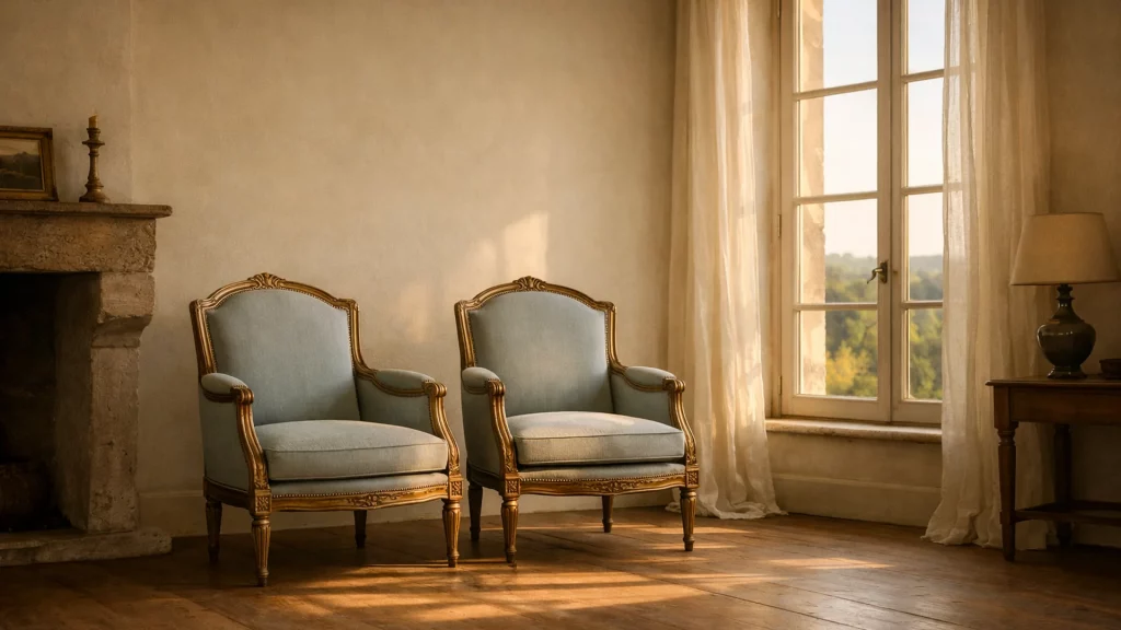 Salon de maison ancienne, paire de fauteuils restaurés, près de Vaucresson