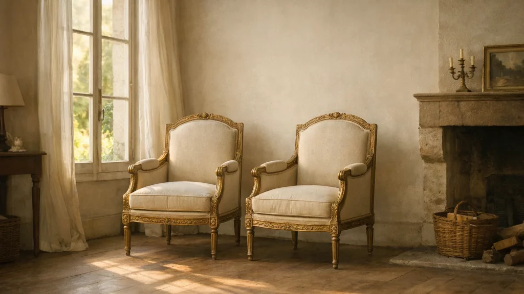 Salon de maison ancienne, paire de fauteuils restaurés, près de Versailles