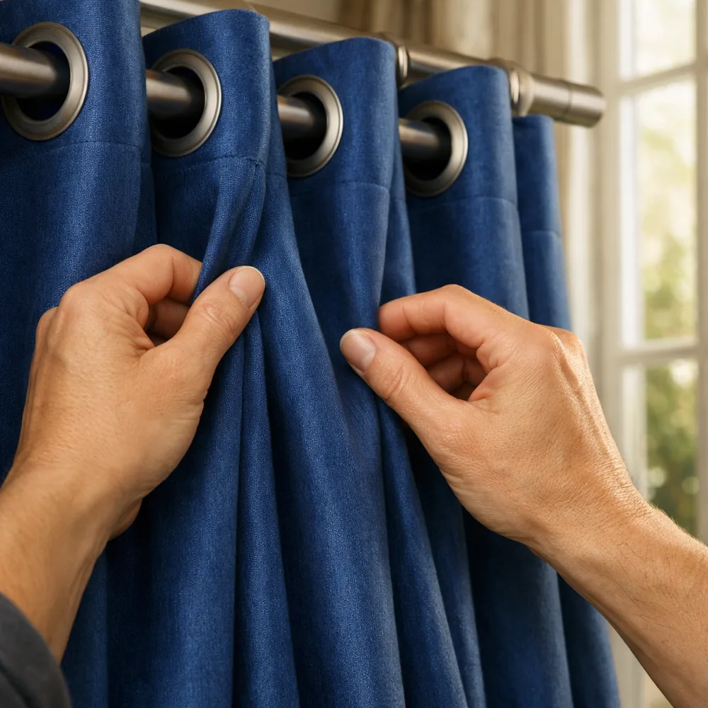Pose de rideaux sur mesure : ajustement des plis à la main