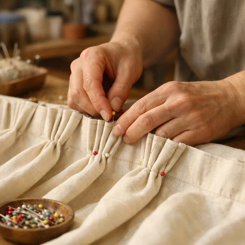 Confection en atelier : épinglage des plis d'une tête de rideau