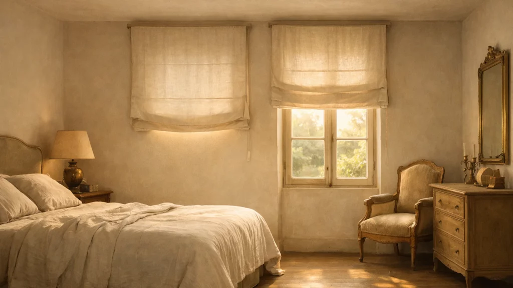 Chambre de maison ancienne, stores bateau en lin, près de Boulogne-Billancourt