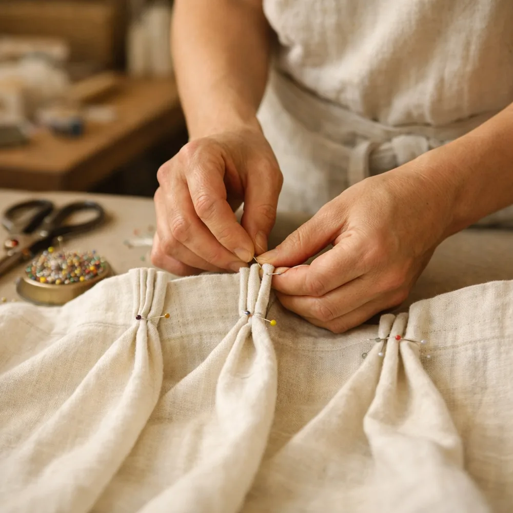 Confection en atelier : épinglage des plis d'une tête de rideau