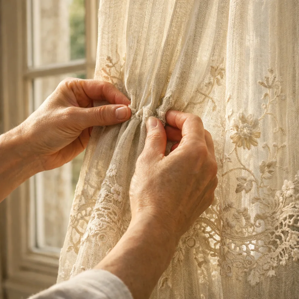 Pose de rideaux sur mesure : ajustement des plis à la main