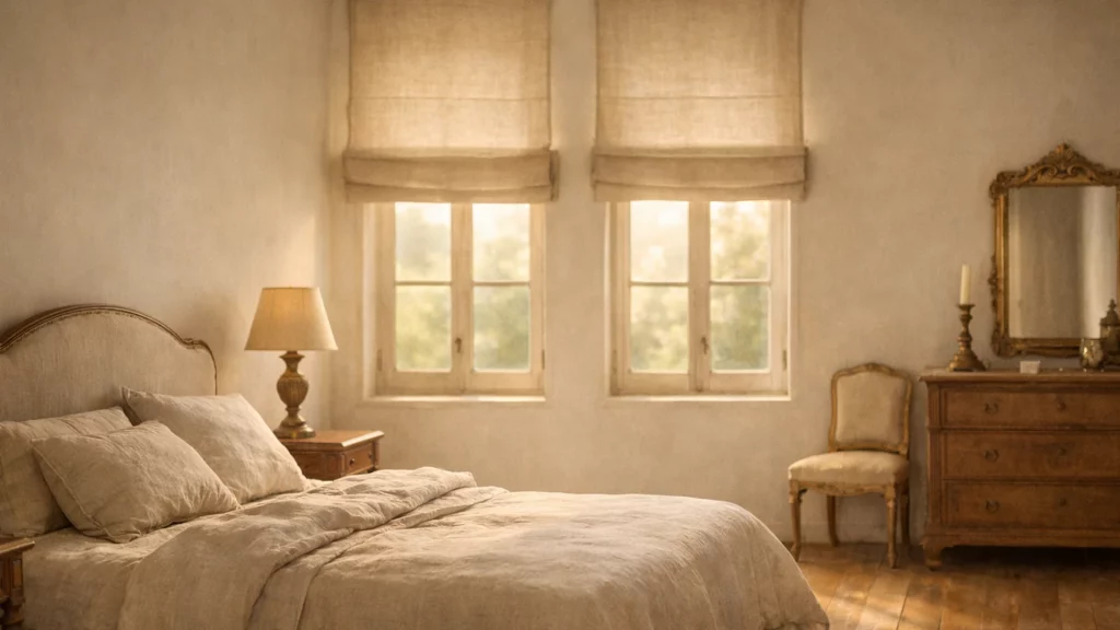 Chambre de maison ancienne, stores bateau en lin, près de Garches