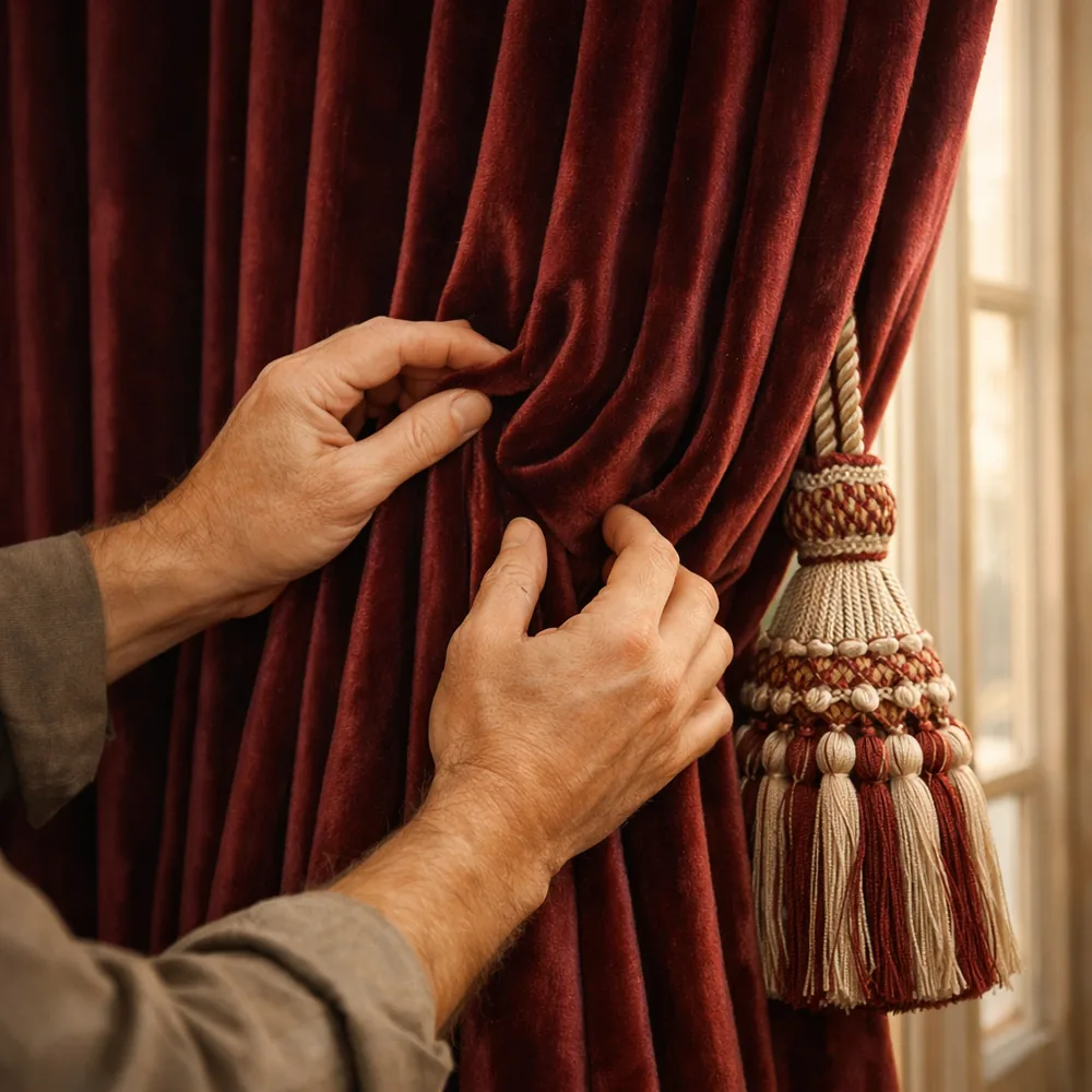 Pose de rideaux sur mesure : ajustement des plis à la main