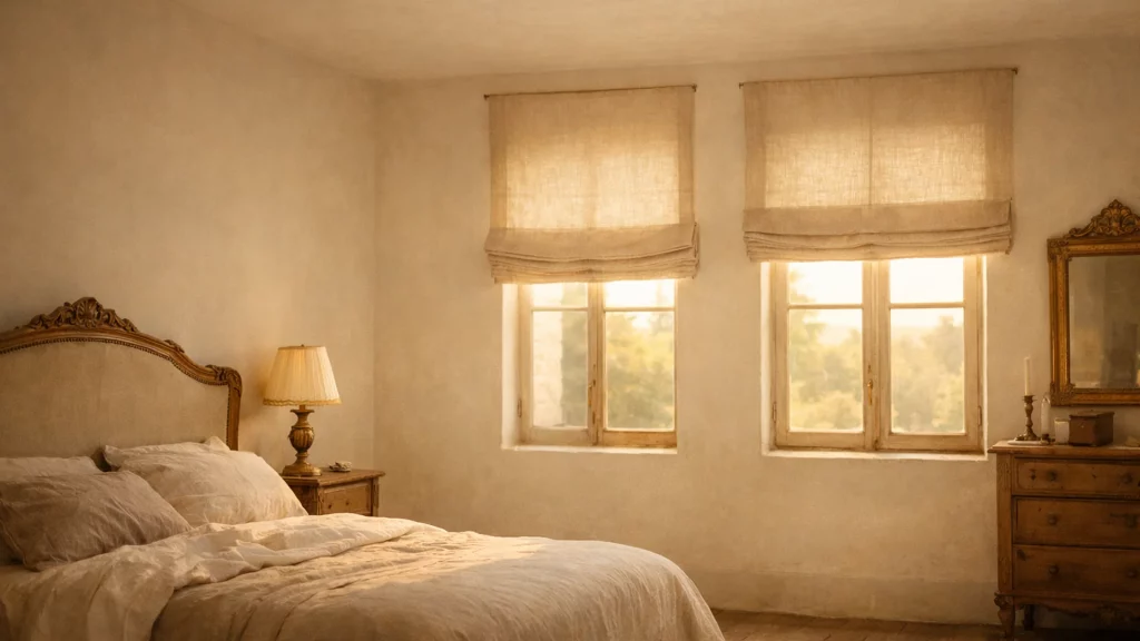 Chambre de maison ancienne, stores bateau en lin, près de Le Chesnay